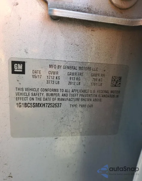 2017 Chevrolet Cruze Ls из США, поврежденный, VIN 1G1BC5SMXH7252637